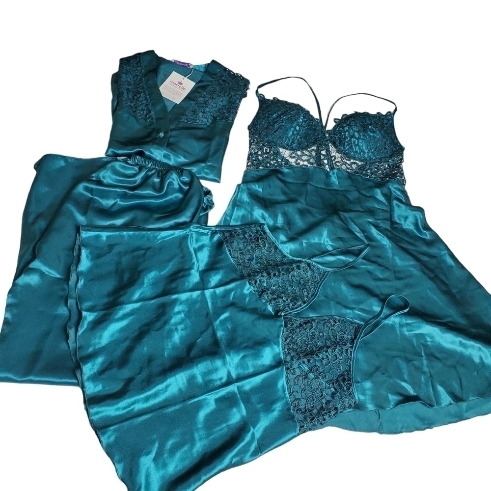 5 Piece Silky Like Sexy Pyjama Set Green Size XL